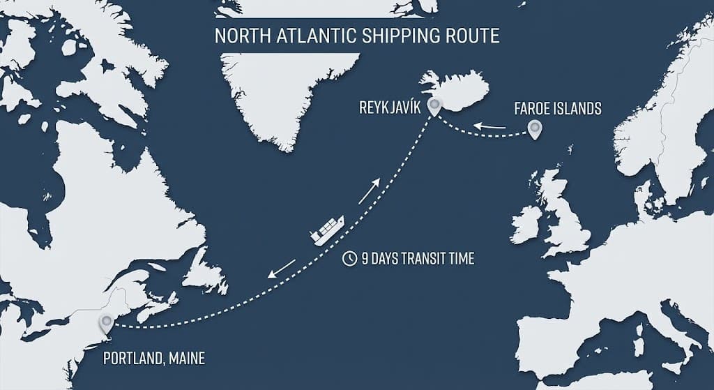 Shipping route from Faroe Islands to Portland