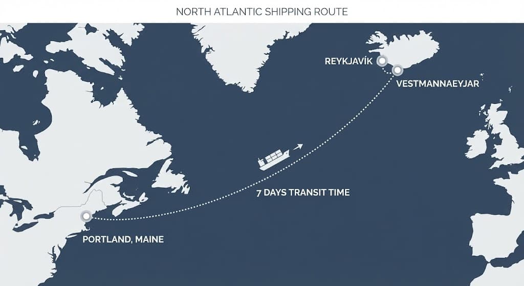 Shipping route from Iceland to Portland