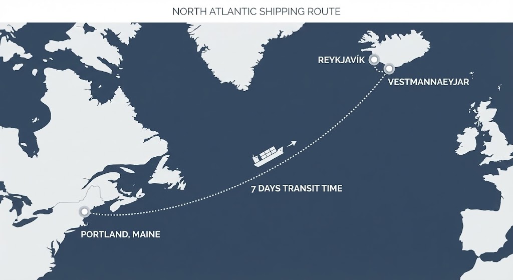 Shipping route from Iceland to Portland, Maine