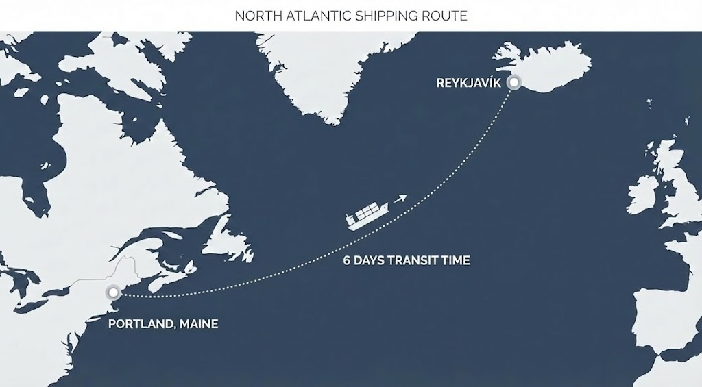 Shipping route from Iceland to Portland